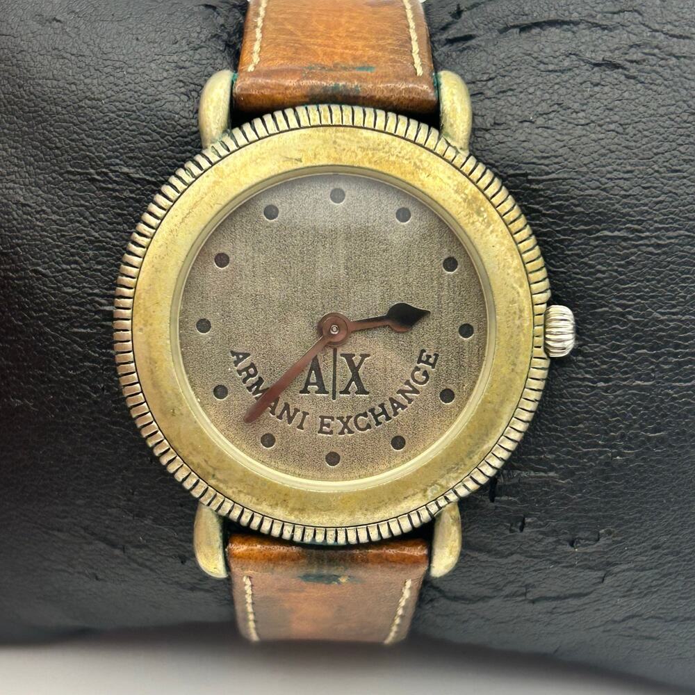 Vintage Armani Exchange Age Bronze-tone Case Brown Leather Watch, Working